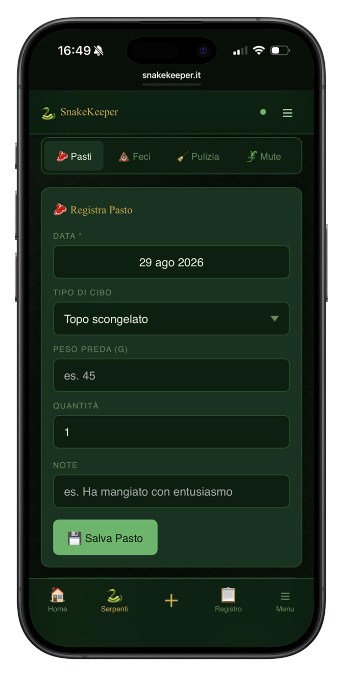 Schermata registro pasti